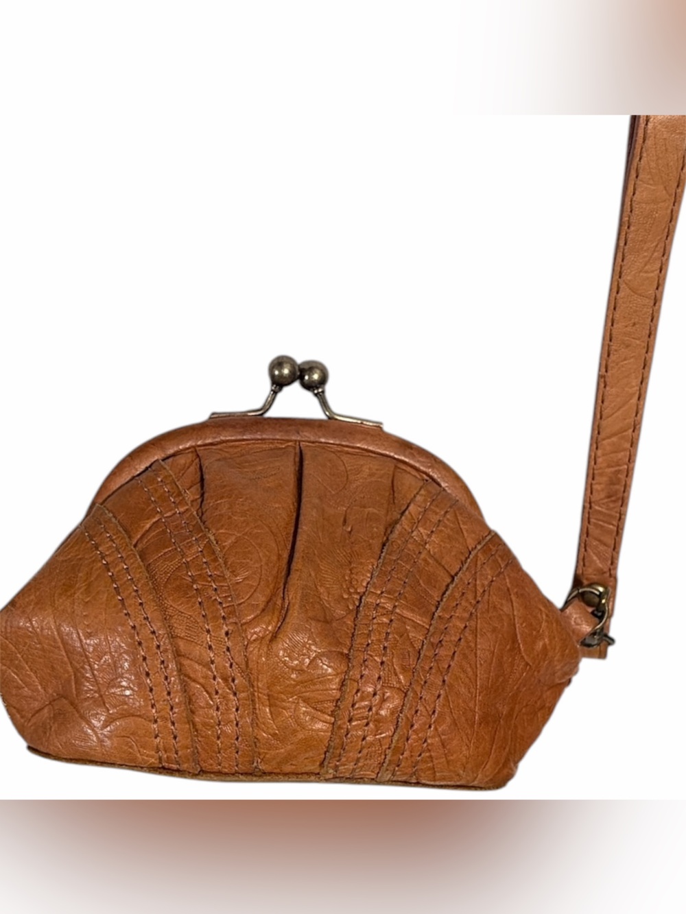 Vintage-Inspired Tan Leather Kiss-Lock Wristlet Clutch - Picture 4 of 4